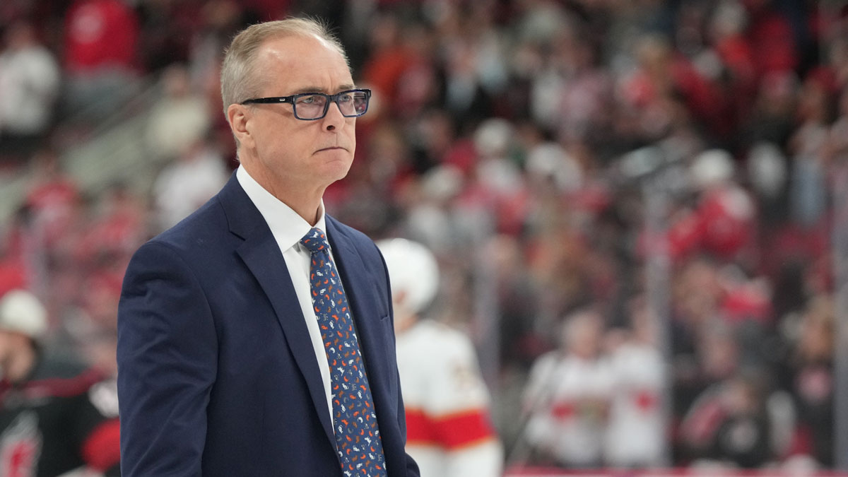 Florida Panthers head coach Paul Maurice on the ice after the third period and and win against the Carolina Hurricanes in game five of the Eastern Conference Final of the 2025 Stanley Cup Playoffs at Lenovo Center.