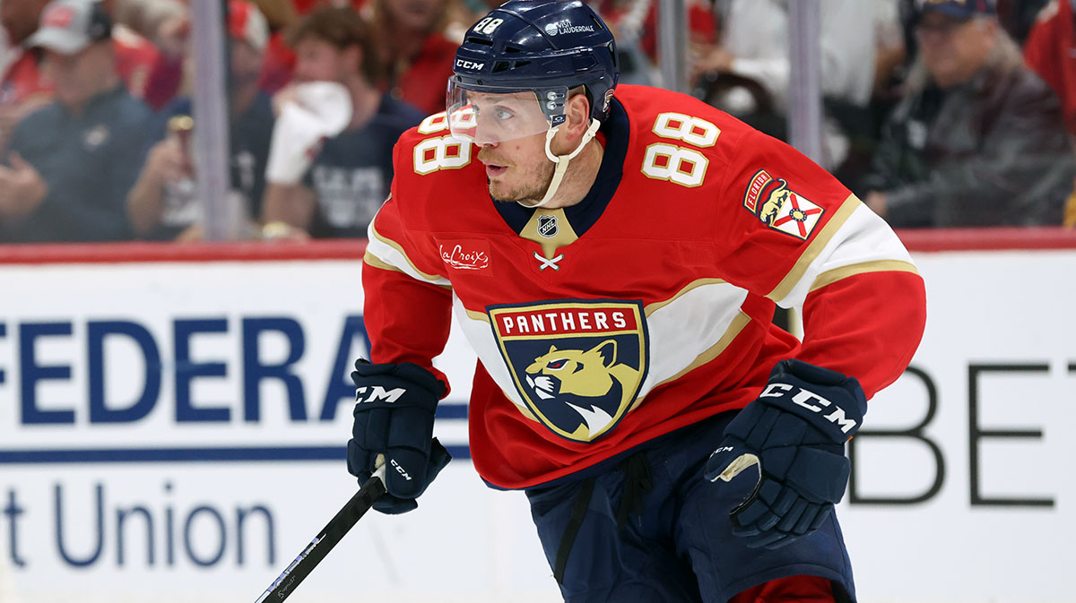 Florida Panthers defenseman Nate Schmidt (88) skates with the puck against the Toronto Maple Leafs during the first period in game four of the second round of the 2025 Stanley Cup Playoffs at Amerant Bank Arena