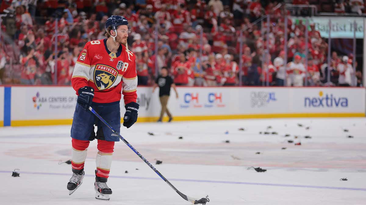 Florida Panthers forward Matthew Tkachuk (19) puts a rat on the stick after the third period against the Edmonton Oilers in game three of the 2025 Stanley Cup Final at Amerant Bank Arena.
