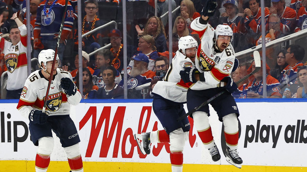 Florida Panthers center Brad Marchand (63) reacts after making the game winning goal against the Edmonton Oilers during double overtime in game two of the 2025 Stanley Cup Final at Rogers Place.