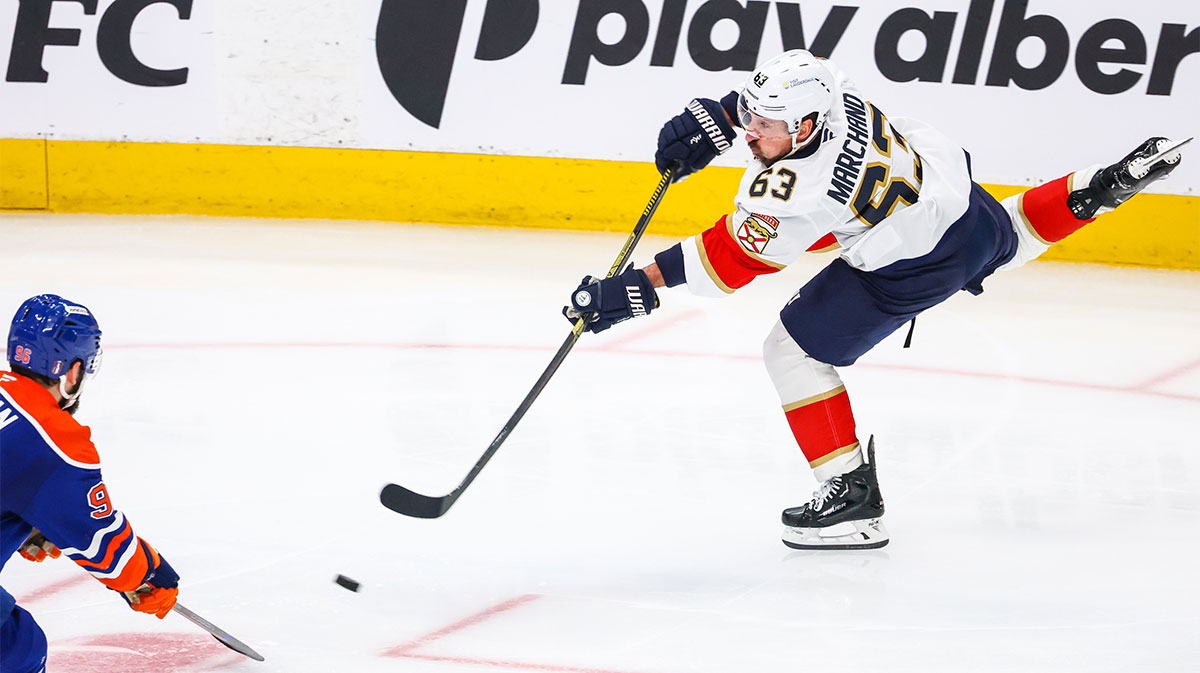 Florida Panthers center Brad Marchand (63) shoots the puck against the Edmonton Oilers during the second period in game five of the 2025 Stanley Cup Final at Rogers Place.