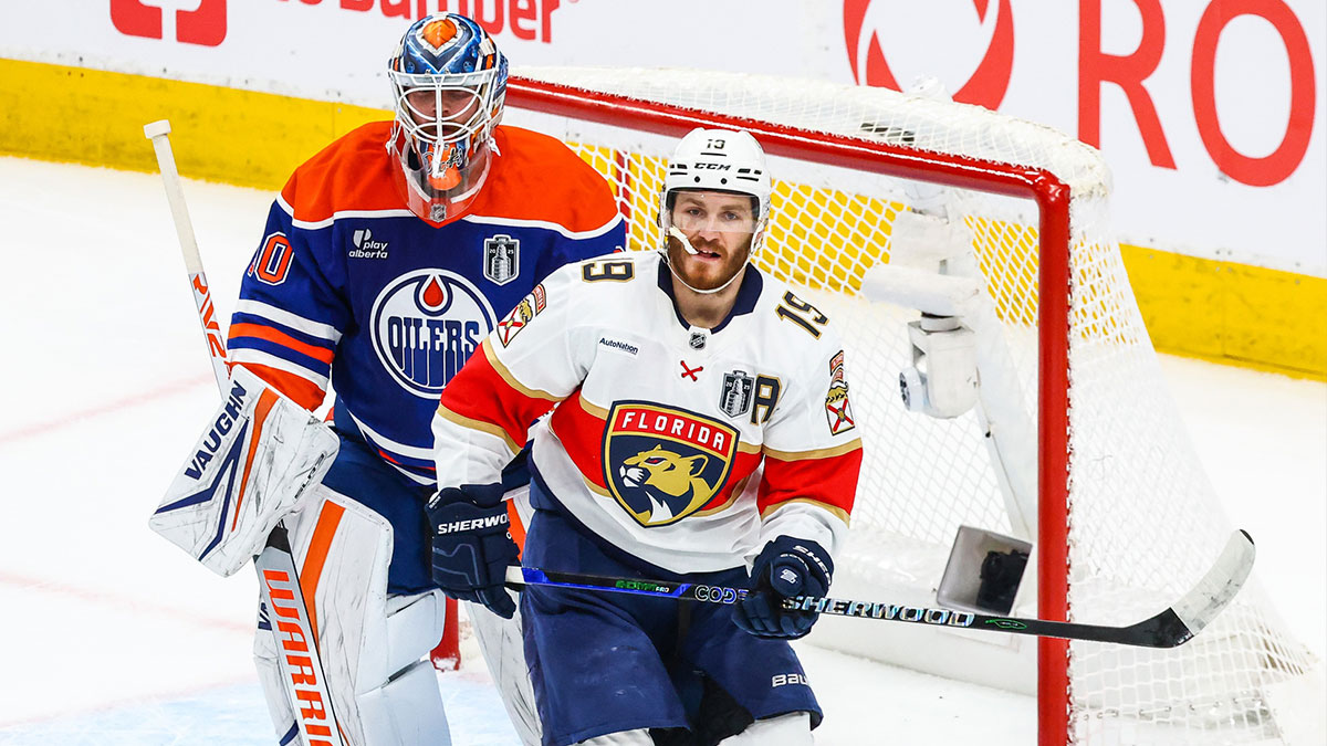 Florida Panthers left wing Matthew Tkachuk (19) screens in front of Edmonton Oilers goaltender Calvin Pickard (30) during the first period in game five of the 2025 Stanley Cup Final at Rogers Place.
