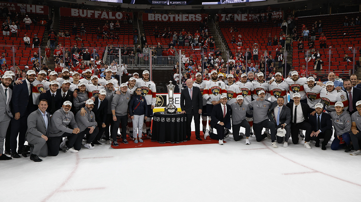 Florida Panthers pose with the Prince of Wales Trophy as they advance to the finals after wining against the Carolina Hurricanes in game five of the Eastern Conference Final of the 2025 Stanley Cup Playoffs at Lenovo Center.