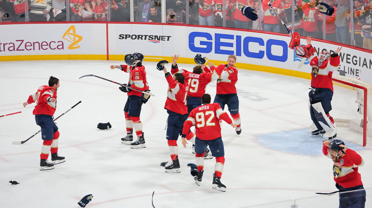 The Florida Panthers celebrate in the final seconds of game six of the 2025 Stanley Cup Final against the Edmonton Oilers at Amerant Bank Arena.