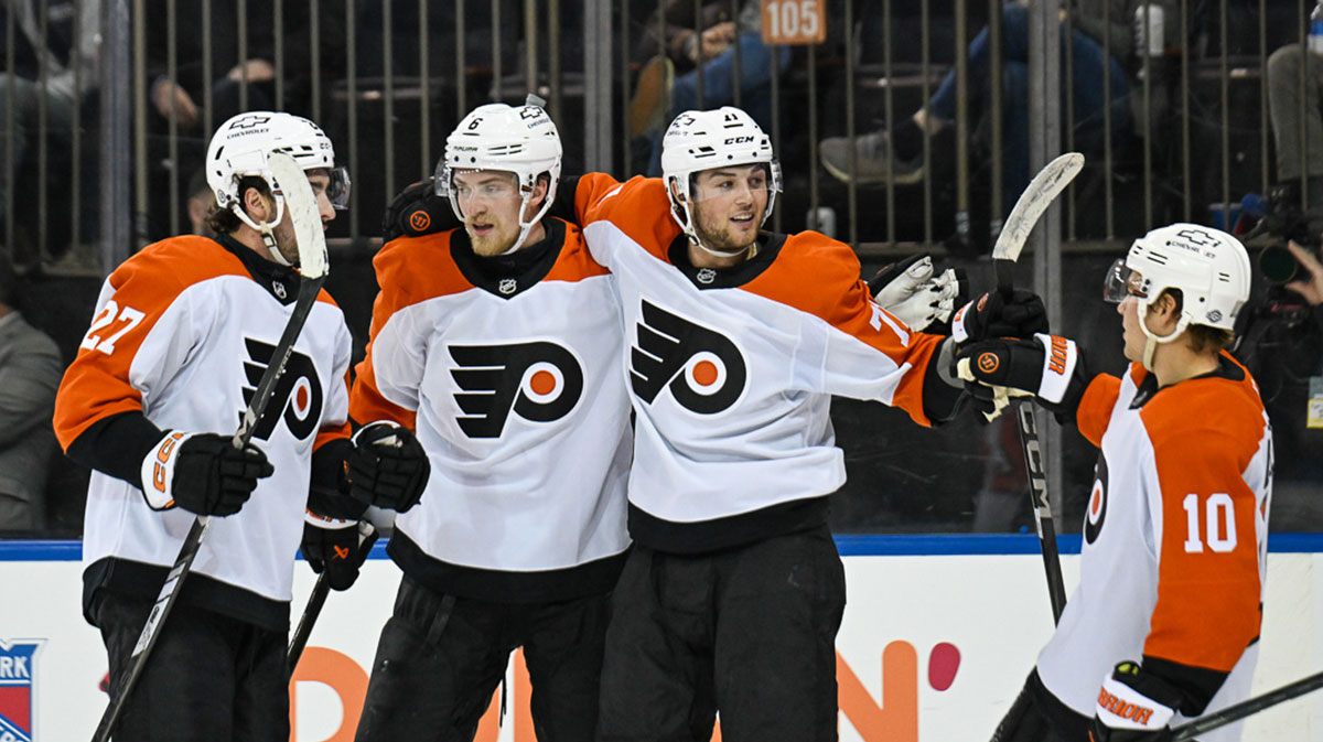 Philadelphia Flyers right wing Tyson Foerster (71) celebrates his goal against the New York Rangers with right wing Bobby Brink (10), left wing Noah Cates (27) and defenseman Travis Sanheim (6) during the third period at Madison Square Garden.