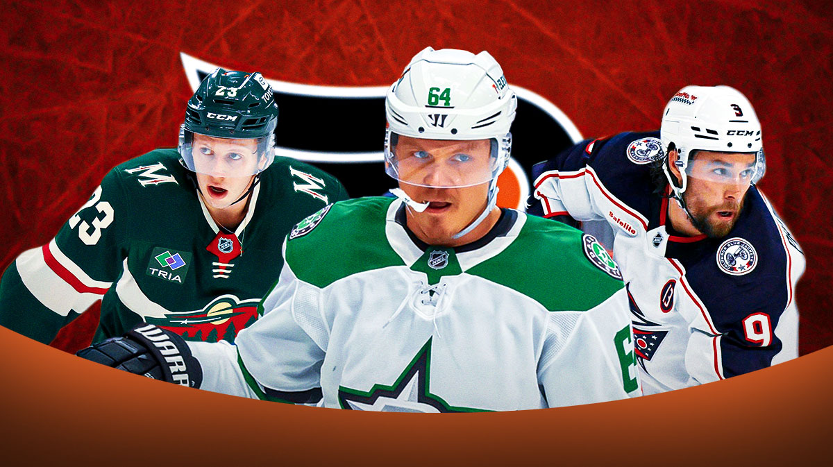 Mikael Granlund in the center, Ivan Provorov and Marco Rossi on the outside. Flyers logo in the background. Flyers free agency, flyers dream, nhl free agency, nhl