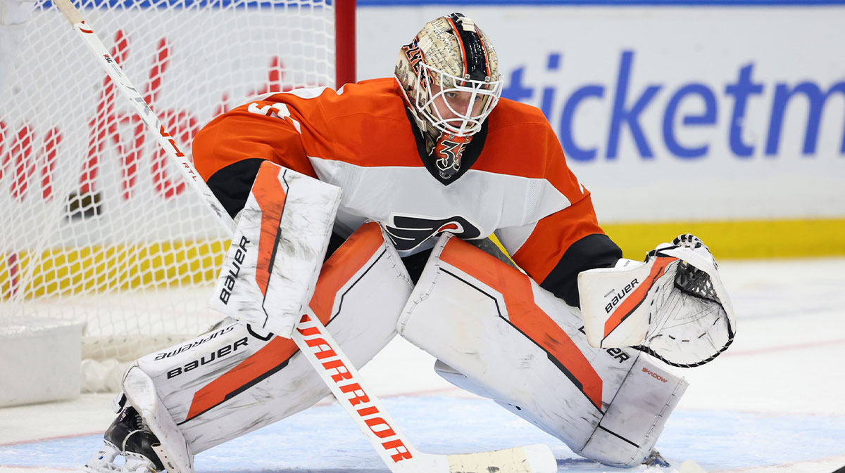 Philadelphia Flyers goaltender Aleksei Kolosov (35) looks to make a save during the second period against the Buffalo Sabres at KeyBank Center.