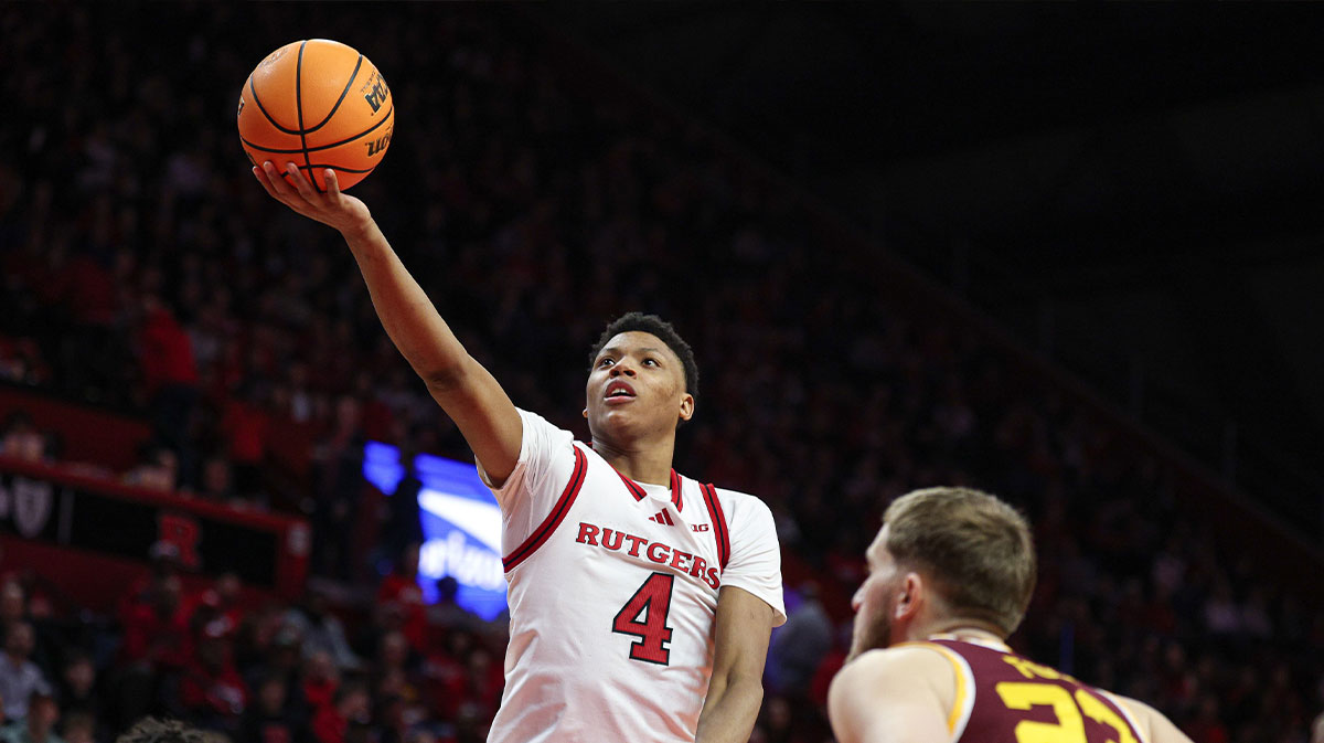 Rutgers Scarlet Knights guard Ace Bailey (4) goes to the basket during the second half against Minnesota Golden Gophers forward Parker Fox (23) at Jersey Mike's Arena.