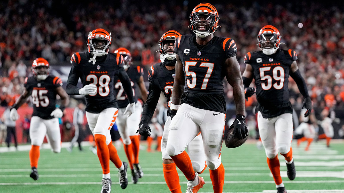 Cincinnati Bengals linebacker Germaine Pratt (57) celebrates an interception in the fourth quarter of the NFL Week 17 game between the Cincinnati Bengals and the Denver Broncos at Paycor Stadium in downtown Cincinnati on Saturday, Dec. 28, 2024. The Bengals took a 30-24 win in overtime to remain in the post season chase.