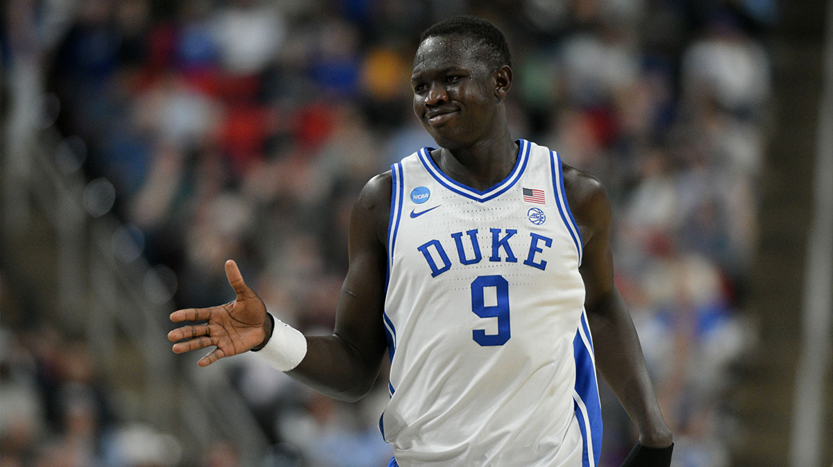 Duke Blue Devils center Khaman Maluach (9) celebrates during the first half against the Mount St. Mary's Mountaineers in the first round of the NCAA Tournament at Lenovo Center.