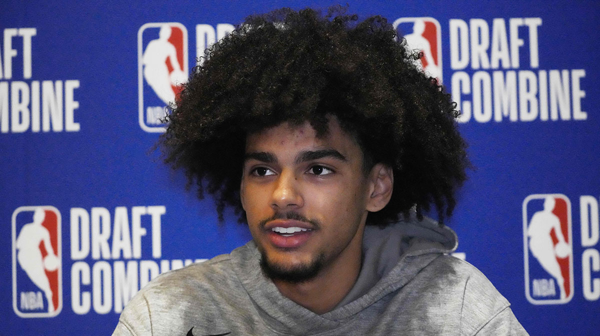 Asa Newell talks to the media during the 2025 NBA Draft Combine at Marriott Marquis Chicago.