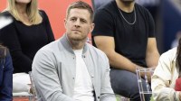 Oct 1, 2023; Houston, Texas, USA; Former Houston Texans JJ Watt listens during his Ring Of Honor Ceremony at halftime during the game between the Texans and Pittsburgh Steelers at NRG Stadium. Mandatory Credit: Thomas Shea-Imagn Images