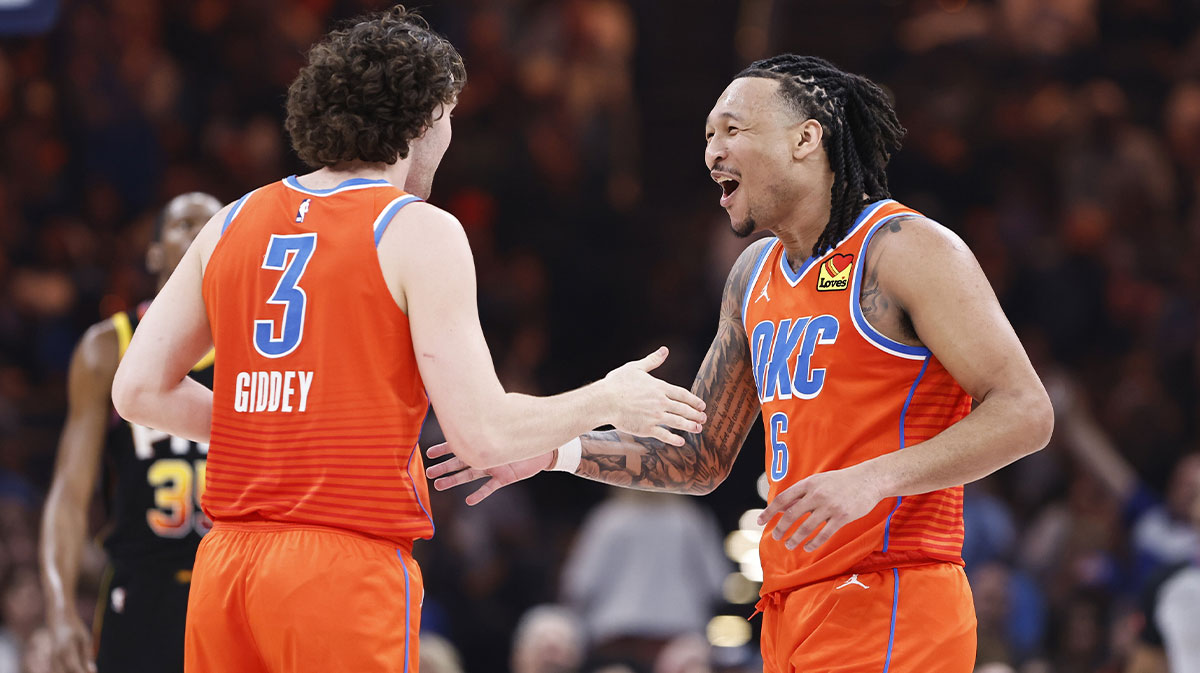 Oklahoma City Thunder forward Jaylin Williams (6) celebrates with Oklahoma City Thunder guard Josh Giddey (3) after he a basket by Giddy against the Phoenix Suns during the first half at Paycom Center.