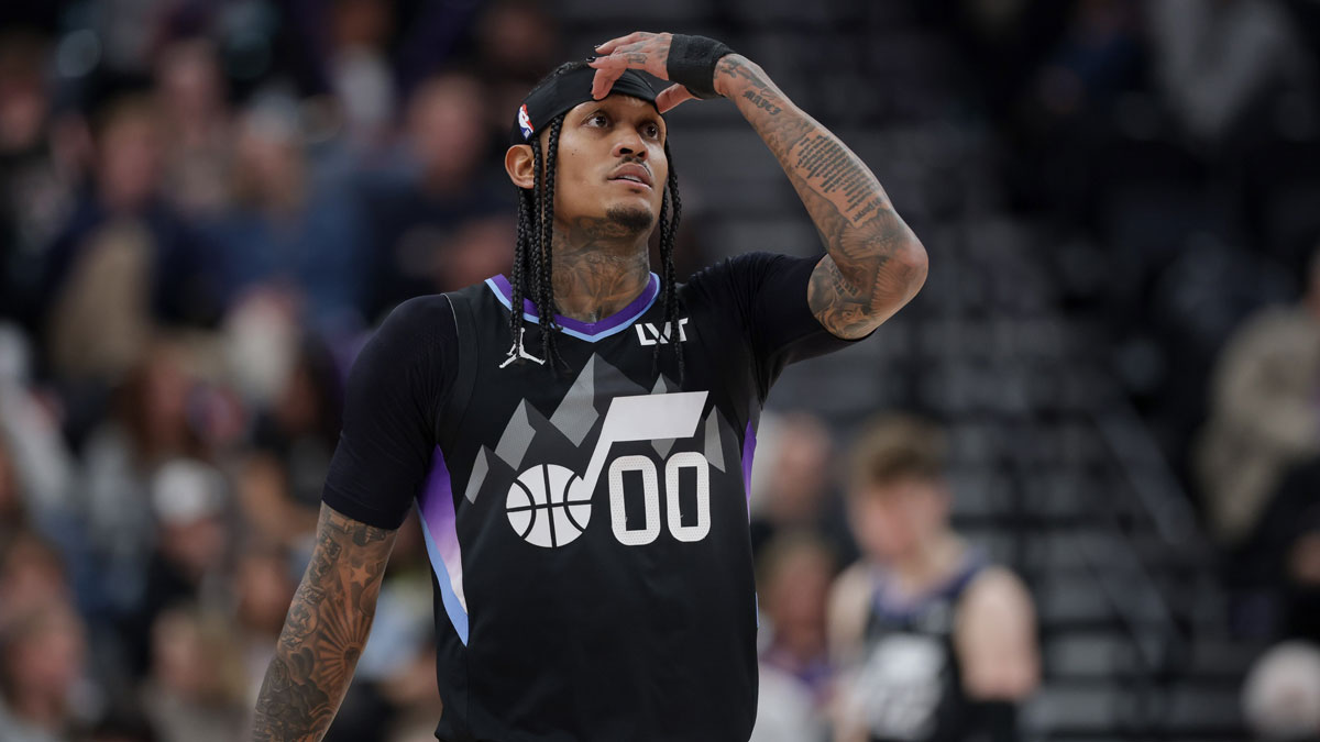Utah Jazz guard Jordan Clarkson (00) reacts to a call on the floor during the second half against the Milwaukee Bucks at Delta Center.
