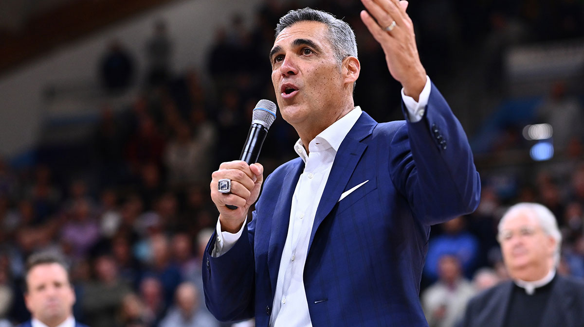 Former Villanova Wildcats head coach Jay Wright speaks before the game against the DePaul Blue Demons at William B. Finneran Pavilion.
