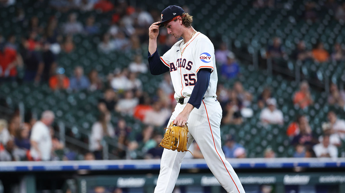 Houston Astros relief pitcher Forrest Whitley (55) walks off the mound after pitching during the ninth inning against the Tampa Bay Rays at Daikin Park.