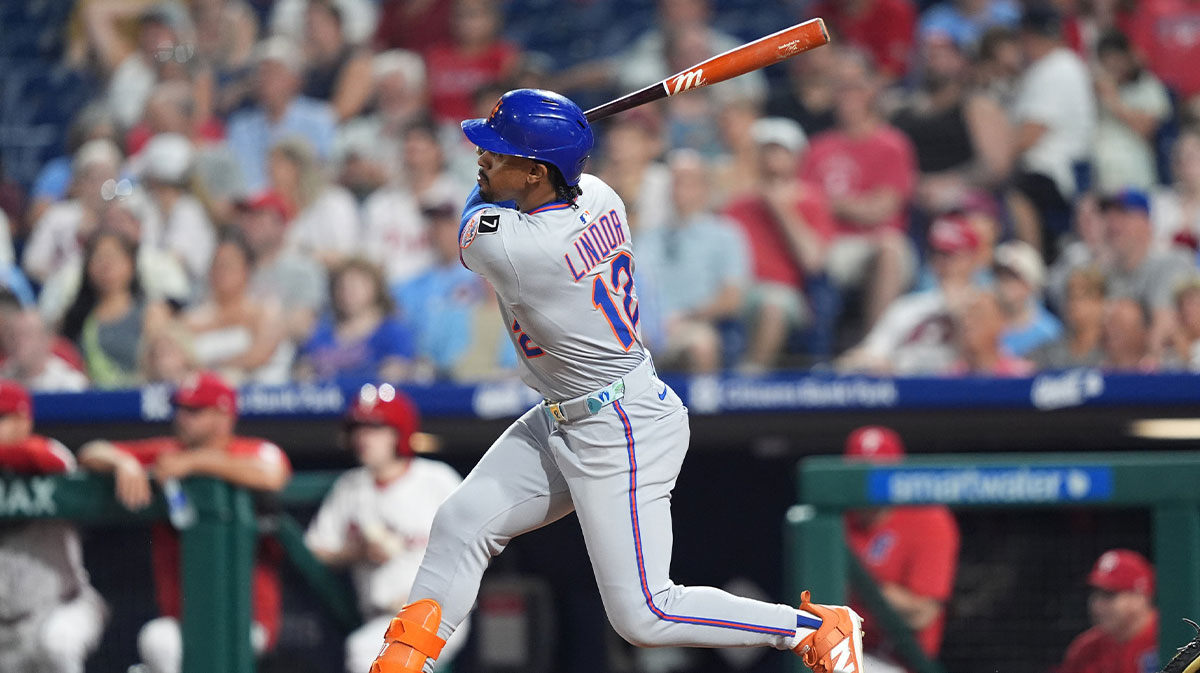 New York Mets infielder Francisco Lindor (12) hits a home run against the Philadelphia Phillies in the eighth inning at Citizens Bank Park.