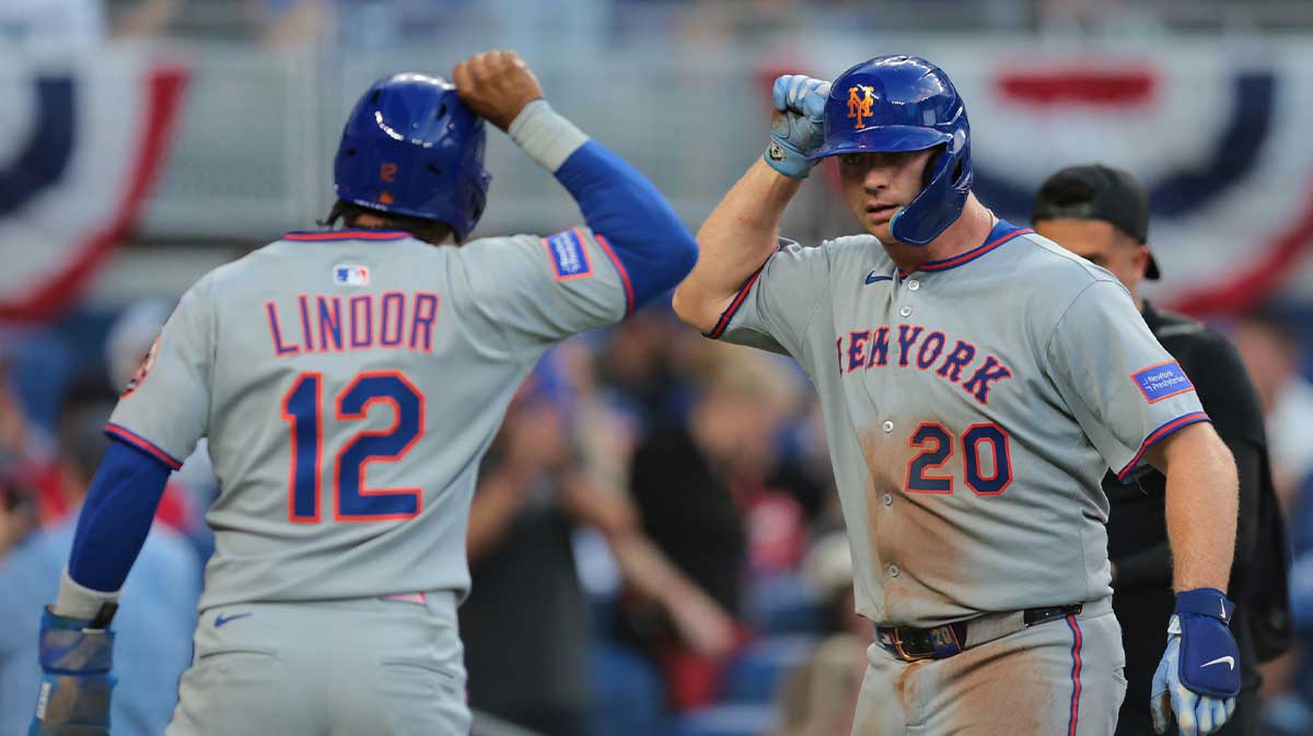 Apr 2, 2025; Miami, Florida, USA; New York Mets first baseman Pete Alonso (20) celebrates with shortstop Francisco Lindor (12) after hitting a three-run home run against the Miami Marlins during the eighth inning at loanDepot Park. Mandatory Credit: Sam Navarro-Imagn Images