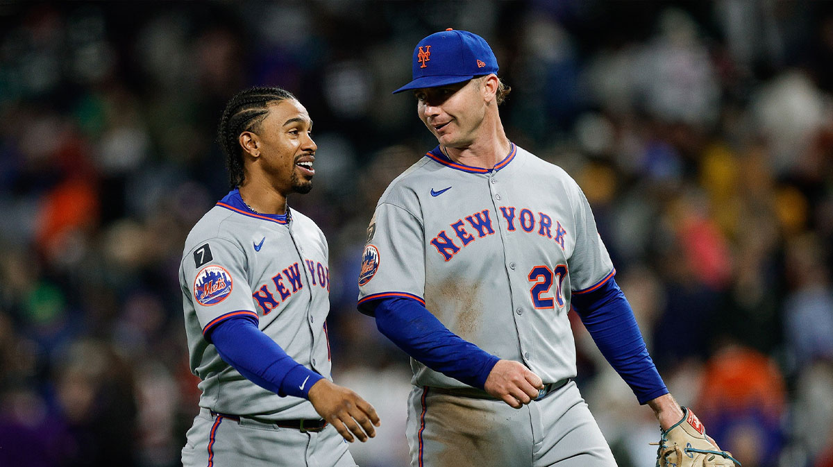 New York Mets pinch hitter Francisco Lindor (12) and first baseman Pete Alonso (20) after the game against the Colorado Rockies.