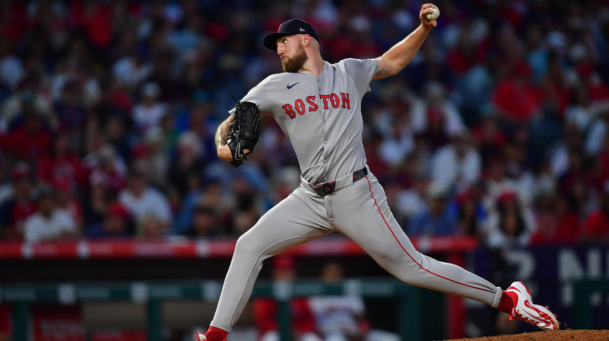 Boston Red Sox pitcher Garrett Crochet (35) throws against the Los Angeles Angels during the sixth inning at Angel Stadium.