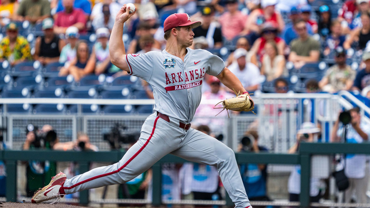 Arkansas Razorbacks starting pitcher Gage Wood (14) pitches against the Murray State Racers during the first inning at Charles Schwab Field.