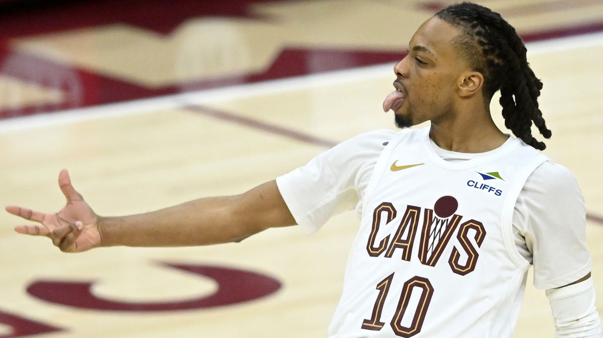 Cleveland Cavaliers guard Darius Garland (10) celebrates after making a three-point basket in the fourth quarter against the Miami Heat at Rocket Arena.