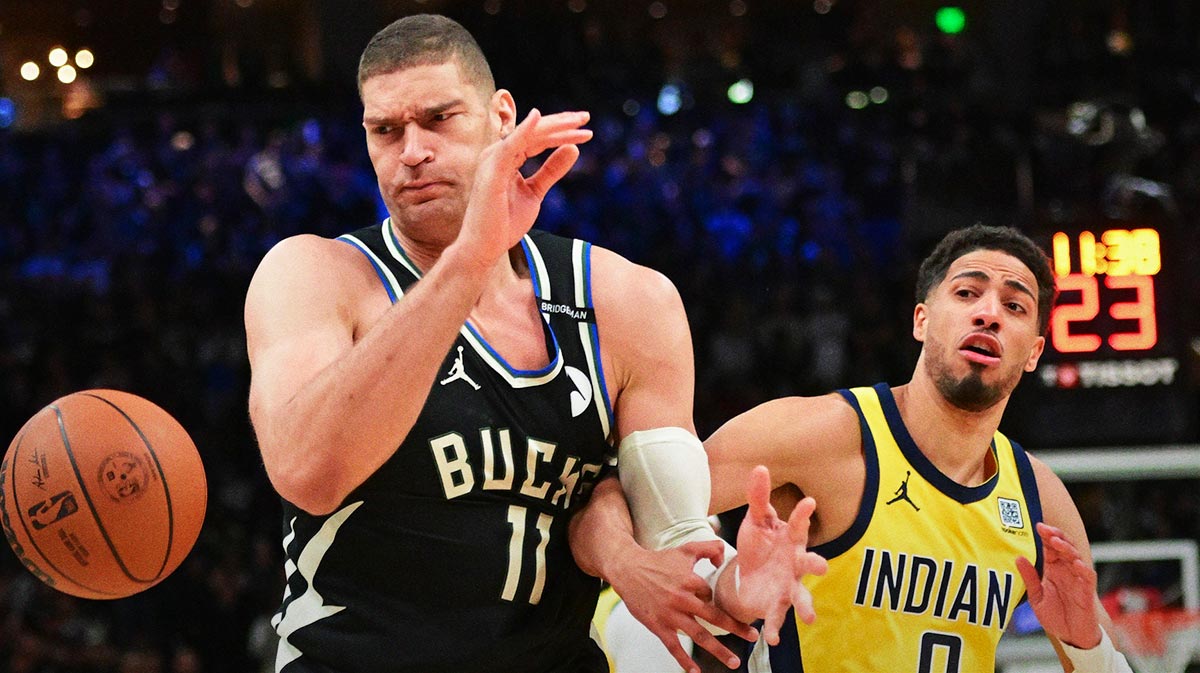 Milwaukee Bucks center Brook Lopez (11) looks for a rebound against Indiana Pacers guard Tyrese Haliburton (0) in the first quarter during game four of first round for the 2024 NBA Playoffs at Fiserv Forum.