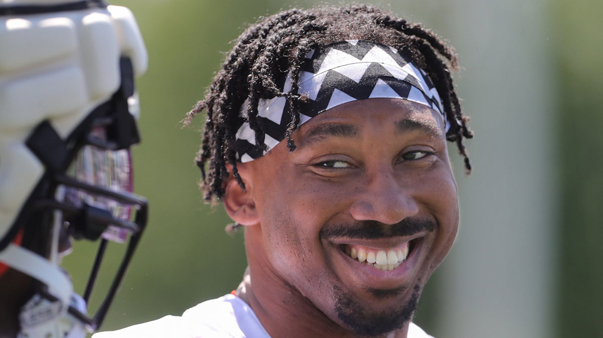 Cleveland Browns defensive end Myles Garrett flashes a smile during training camp on Friday, July 29, 2022 in Berea.