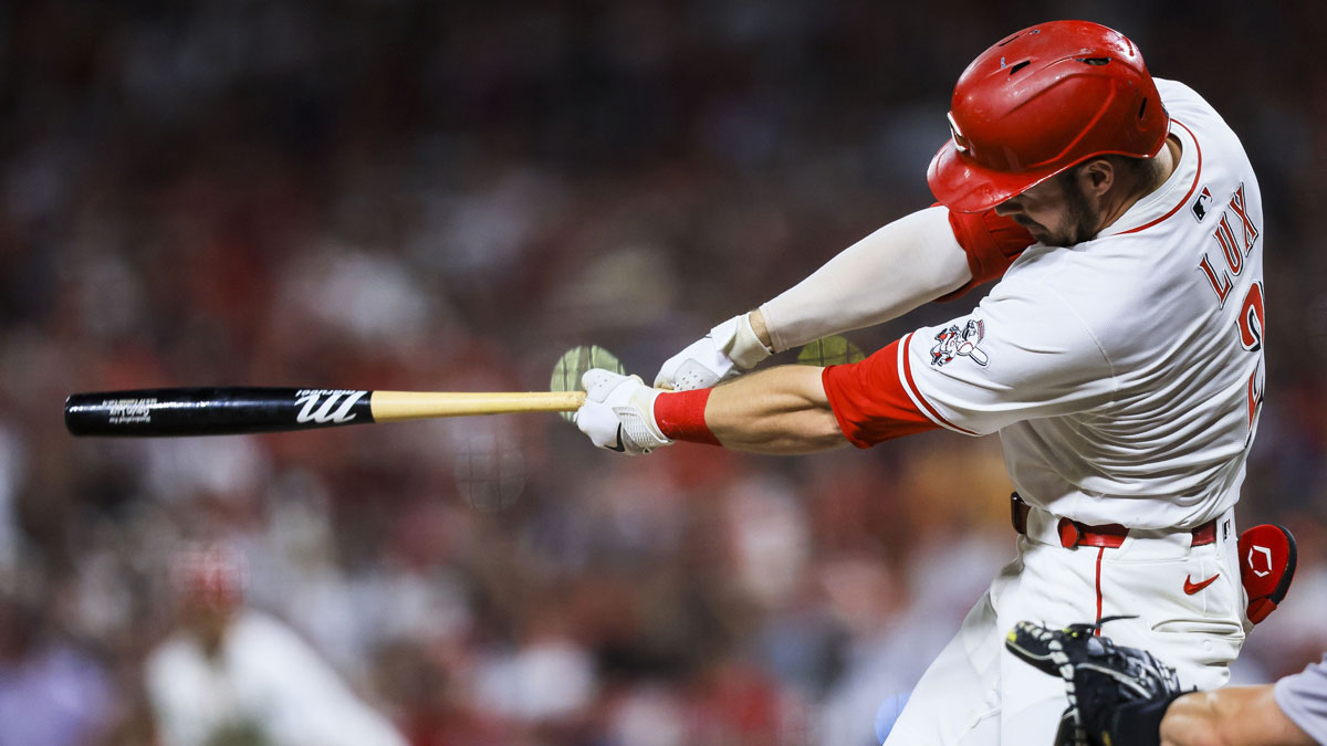 Jun 24, 2025; Cincinnati, Ohio, USA; Cincinnati Reds pinch hitter Gavin Lux (2) hits a walk-off single in the eleventh inning against the New York Yankees at Great American Ball Park.