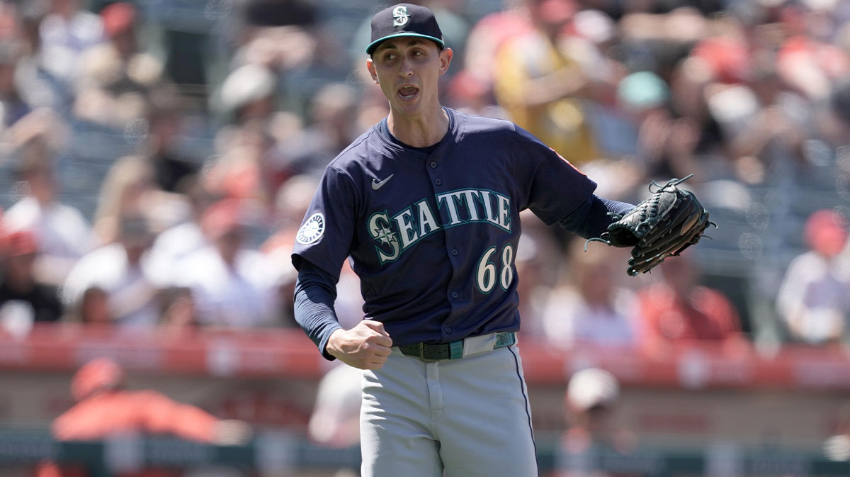 Seattle Mariners pitcher George Kirby (69) celebrates at the end of the seventh inning against the Los Angeles Angels at Angel Stadium.