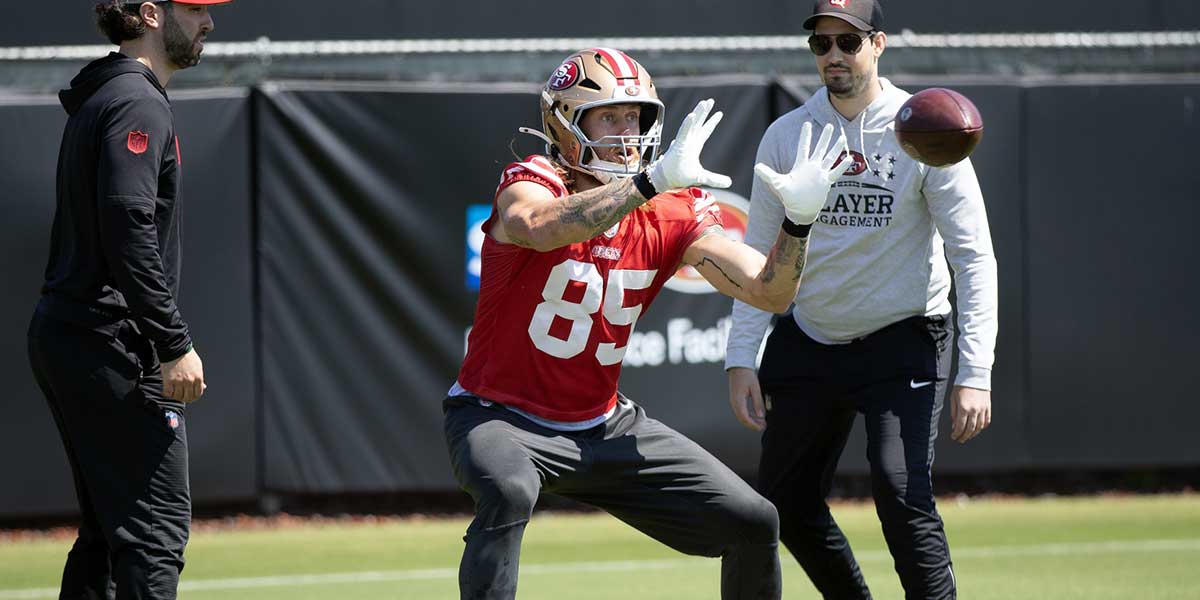San Francisco 49ers tight end George Kittle (85) works out with his teammates during an OTA at Levi's Stadium.