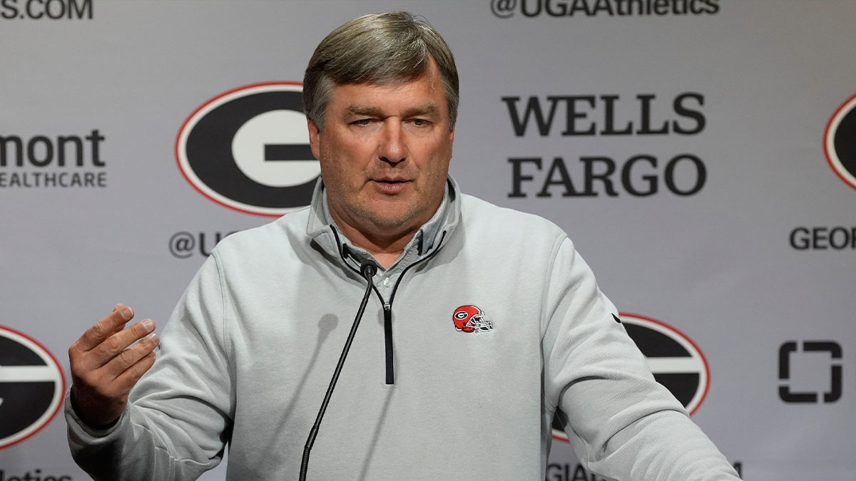 Georgia coach Kirby Smart speaks to the media on the first day of spring practice