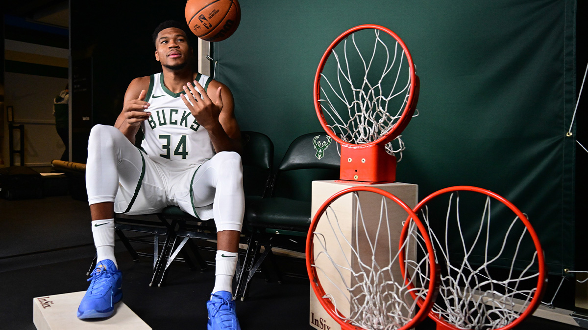 Milwaukee Bucks forward Giannis Antetokounmpo (34) poses for a picture during Media Day at Fiserv Forum.