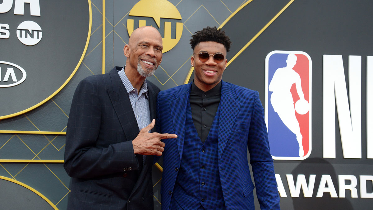 Milwaukee Bucks forward Giannis Antetokounmpo poses with former player Kareem Abdul-Jabbar arrives on the red carpet for the 2019 NBA Awards show at Barker Hanger.