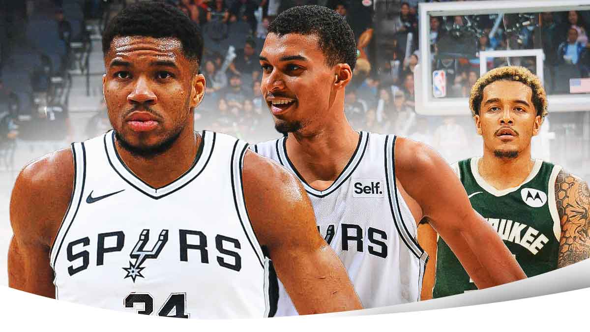 Giannis Antetokounmpo and Victor Wembanyama in Spurs unis, with Jeremy Sochan in Bucks uniform beside them
