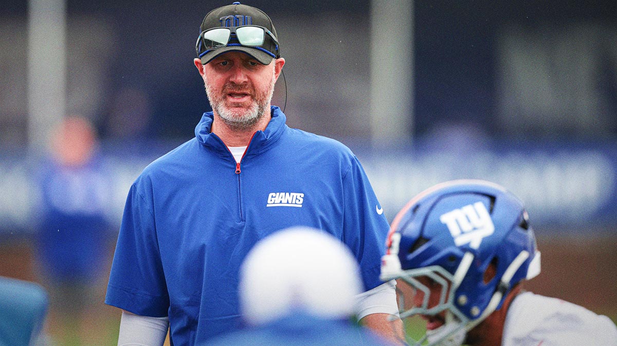 New York Giants defensive coordinator Shane Bowen looks on during training camp at Quest Diagnostics Training Facility.
