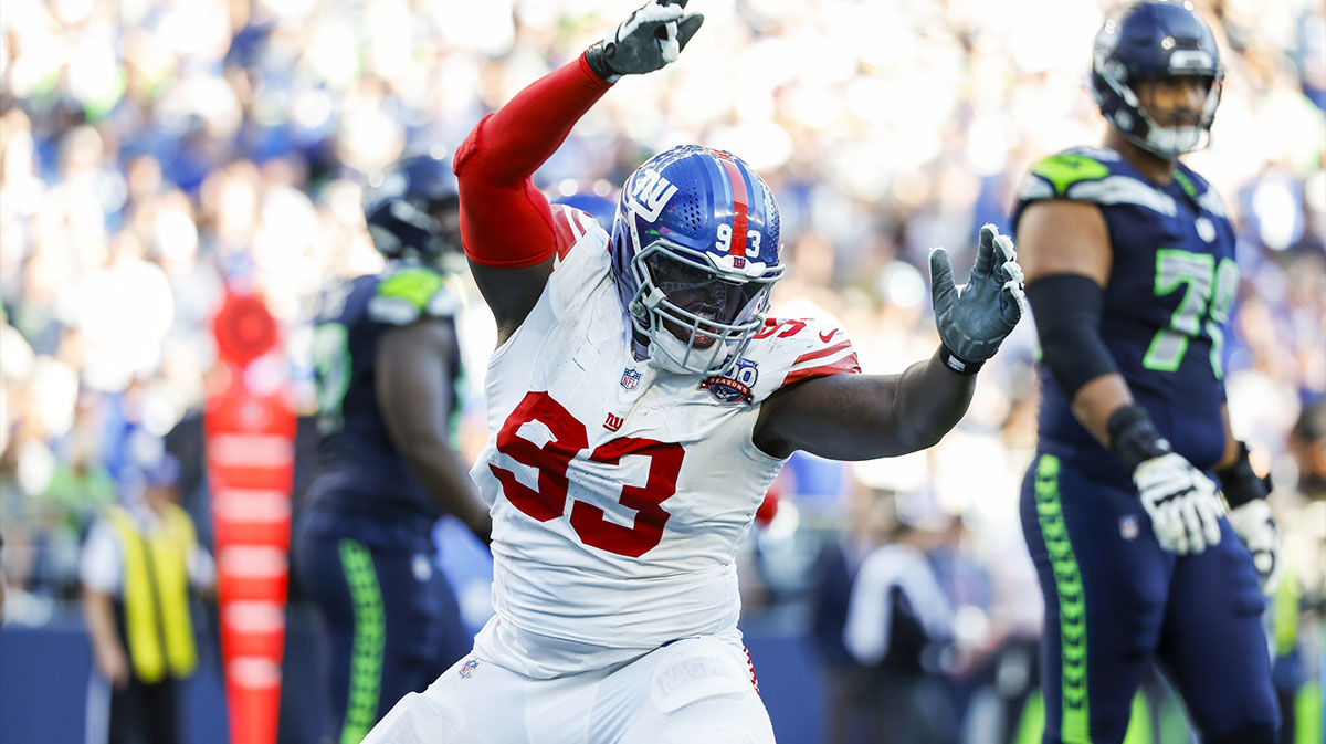New York Giants defensive tackle Rakeem Nunez-Roches (93) celebrates following a sack against the Seattle Seahawks during the fourth quarter at Lumen Field.