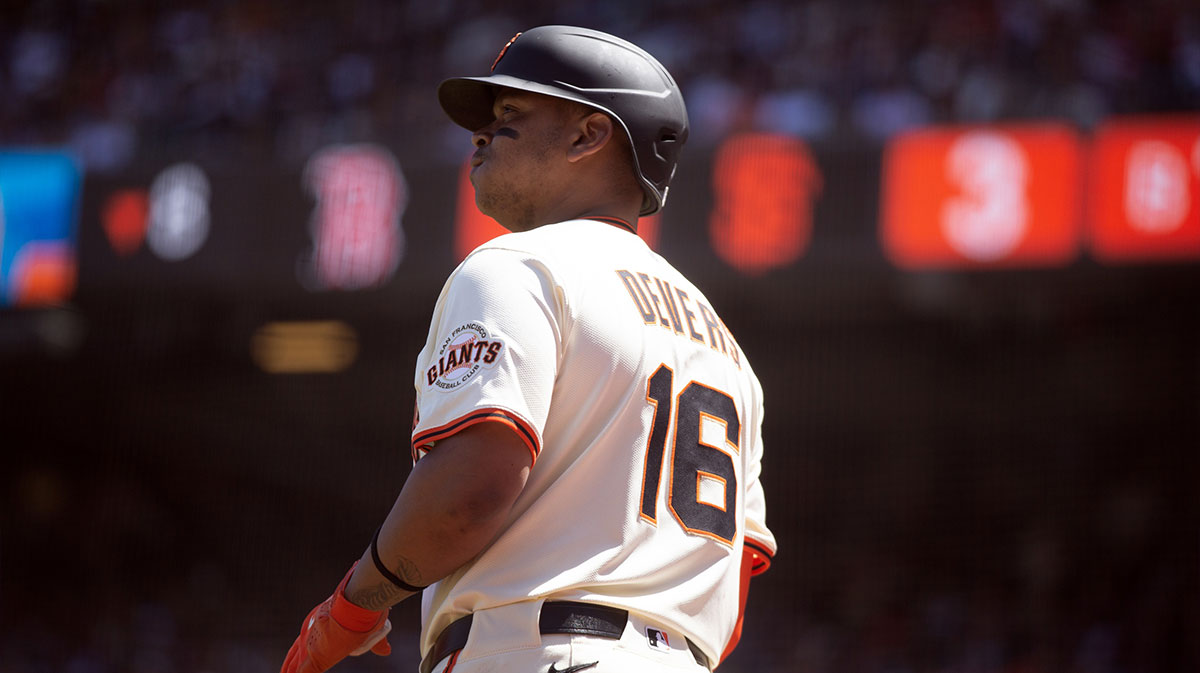 San Francisco Giants designated hitter Rafael Devers (16) waits for his turn at bat against the Boston Red Sox during the eighth inning at Oracle Park.
