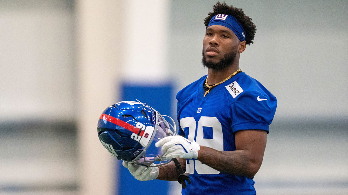 New York Giants running back Tyrone Tracy Jr. (29) walks around during Mandatory Minicamp at Quest Diagnostics Giants Training Center