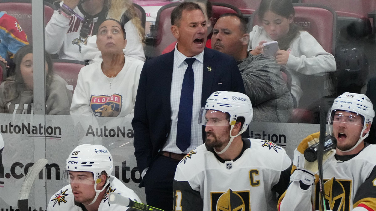 Vegas Golden Knights head coach Bruce Cassidy directs his team against the Florida Panthers during the third period at Amerant Bank Arena.
