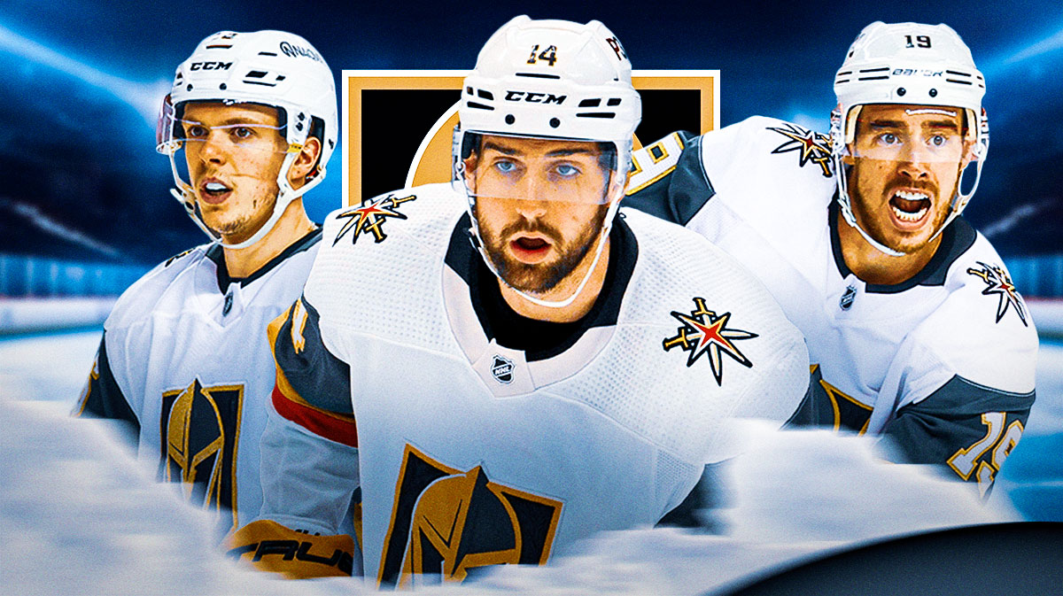 Nic Hague in center, Pavel Dorofeyev and Reilly Smith on the sides. Golden Knights logo in the background. Golden Knights nightmare, Golden Knights free agency, NHL Free agency