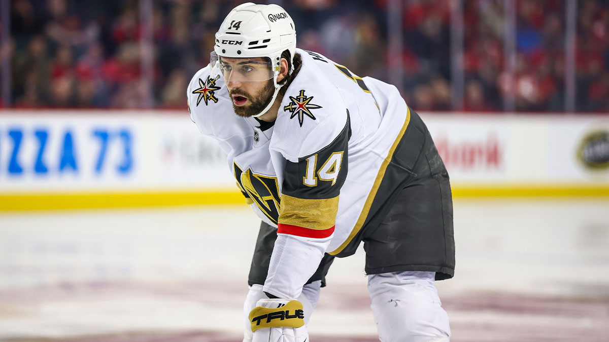 Vegas Golden Knights defenseman Nicolas Hague (14) against the Calgary Flames during the first period at Scotiabank Saddledome.
