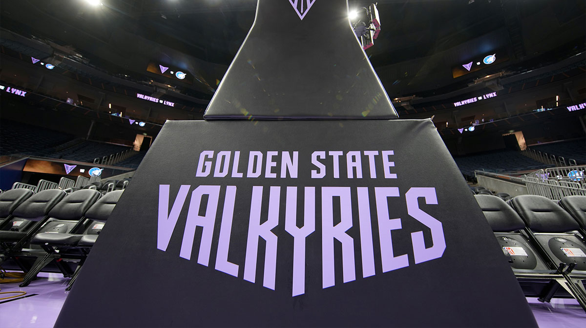 The Golden State Valkyries name and logo appear on the basket padding before the game against the Minnesota Lynx at Chase Center.