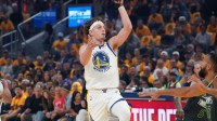 Golden State Warriors guard Brandin Podziemski (2) shoots a running jumpshot in the first quarter against the Minnesota Timberwolves during game three of the second round for the 2025 NBA Playoffs at Chase Center.