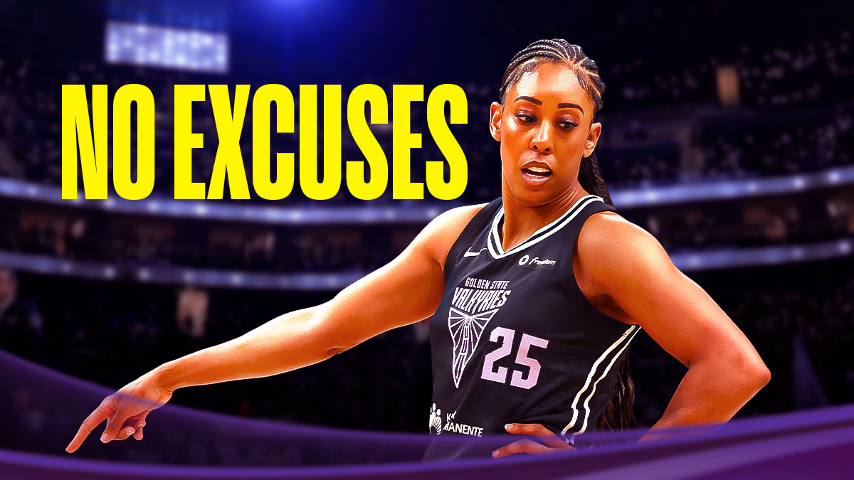 Valkyries' Monique Billings looking down trodden with the words "No Excuses" in the background