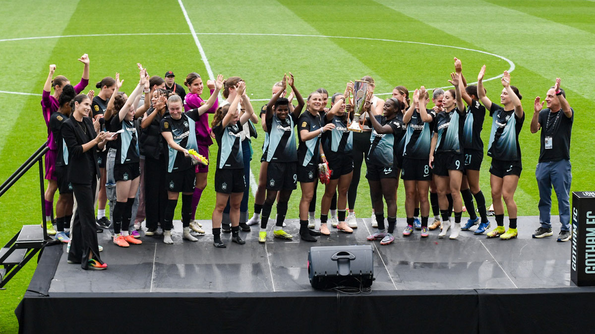 NJ/NY Gotham FC players are recognized for their Concaf W Champions Cup victory after the match against the Kansas City Current at Sports Illustrated Stadium.