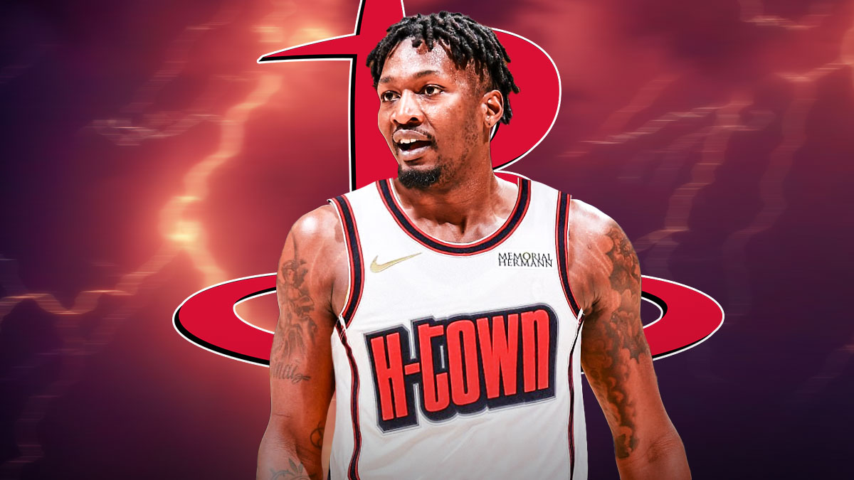 Dorian Finney-Smith in a Rockets jersey in the middle, Houston Rockets logo and lightning in the background