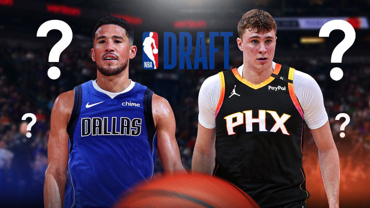 Cooper Flagg in a Phoenix Suns jersey, and Devin Booker in a Dallas Mavericks jersey. There are question marks around both players, and there is the NBA Draft logo in the background