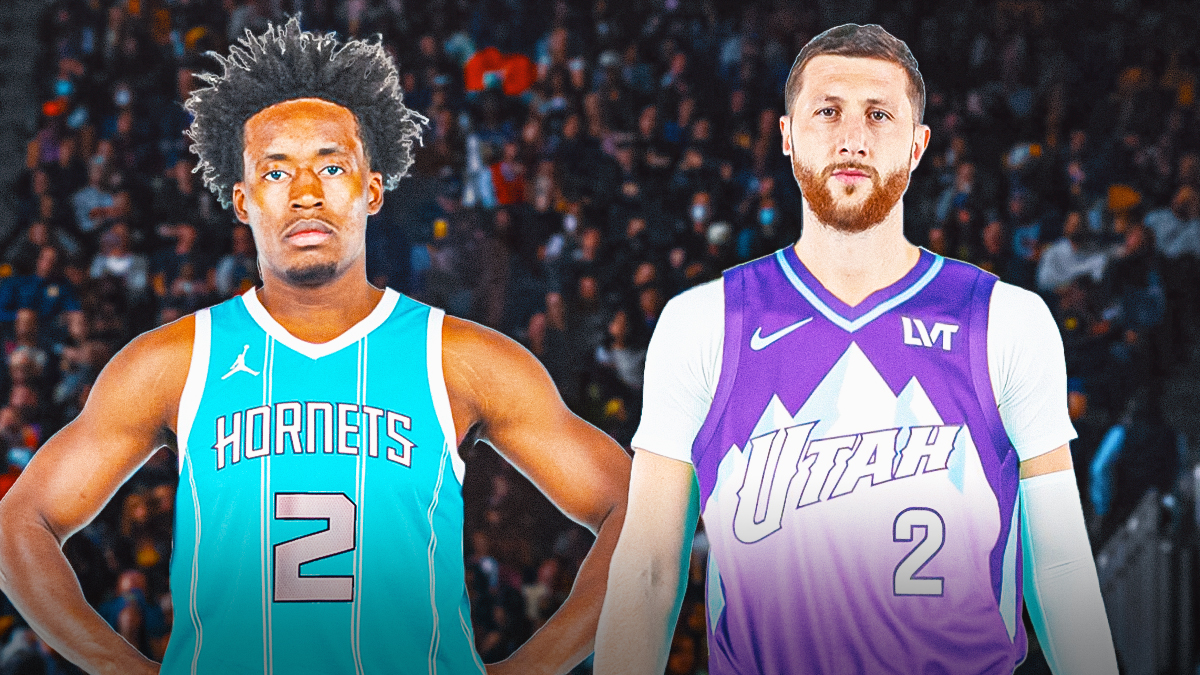 Collin Sexton in Charlotte Hornets jersey wearing #2 and Jusuf Nurkic in Utah Jazz jersey wearing #27 with a purple background