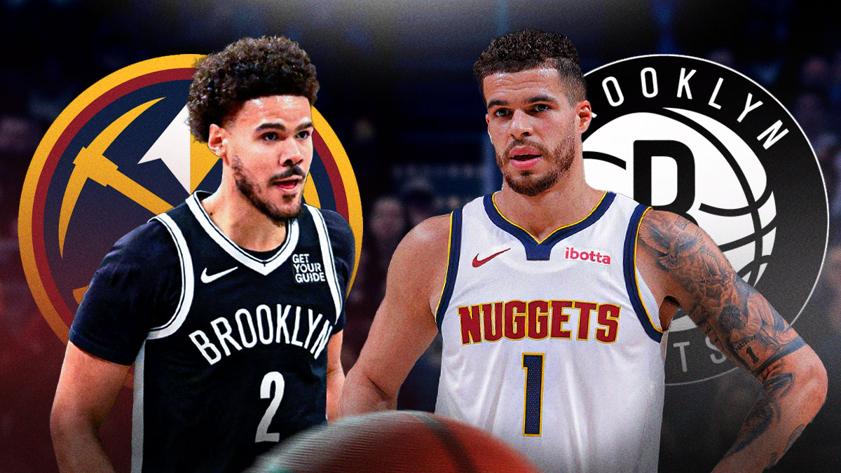 Cam Johnson and Michael Porter Jr. with Nets and Nuggets logo